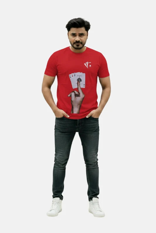 Man wearing a red t-shirt with a graphic design on a plain background Graphic Red Ace T-Shirt Royal Outfits Graphic T Shirts - Graphic Red Ace T-Shirt - Royal Outfits - Graphic T Shirts - Graphic Red Ace T-Shirt - Royal Outfits