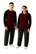 Two people wearing matching outfits with a red and black long-sleeve shirt and dark pants on a white background. Full Sleeves Raglan T Shirt Maroon Royal Outfits Full Sleeves T Shirts