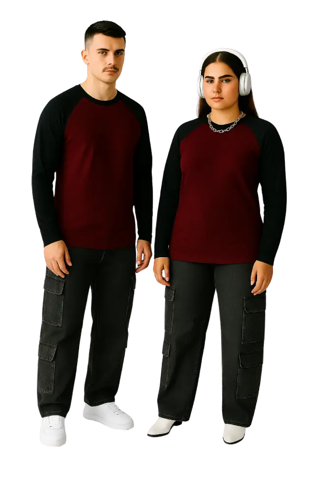 Two people wearing matching outfits with a red and black long-sleeve shirt and dark pants on a white background. Full Sleeves Raglan T Shirt Maroon Royal Outfits Full Sleeves T Shirts