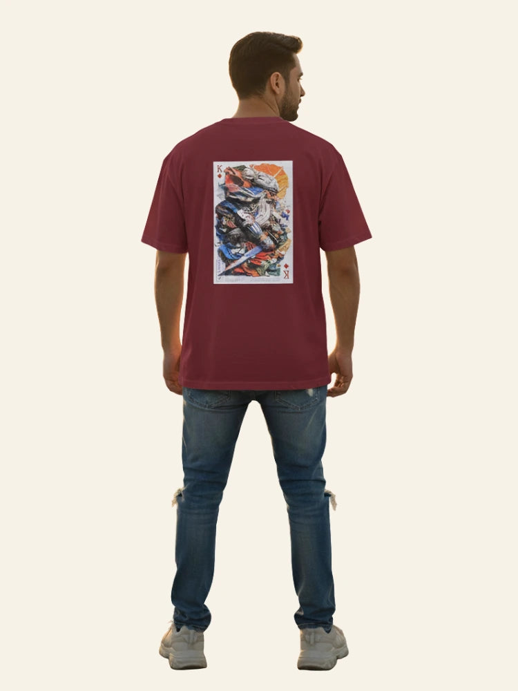 Man wearing a maroon t-shirt with a graphic design on the back, standing against a plain background. Graphic Maroon Drop Shoulder King Ace T-Shirt Royal Outfits Drop Shoulder T-Shirts