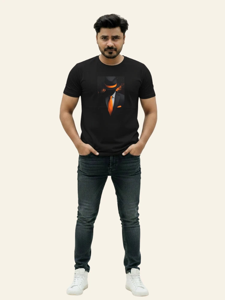 Man wearing a black t-shirt with a graphic design on a beige background Graphic Black Boss T-Shirt Royal Outfits Graphic T Shirts