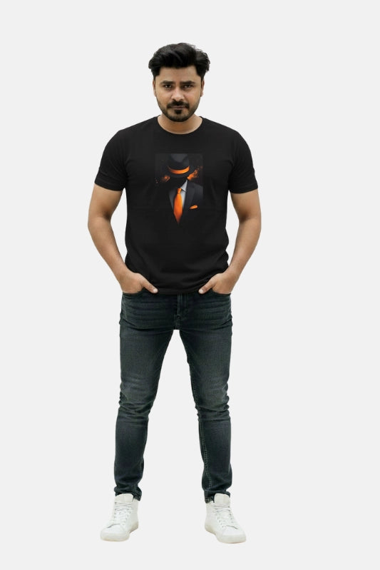 Man wearing a black t-shirt with a graphic design on a beige background Graphic Black Boss T-Shirt Royal Outfits Graphic T Shirts - Graphic Black Boss T-Shirt - Royal Outfits - Graphic T Shirts - Graphic Black Boss T-Shirt - Royal Outfits