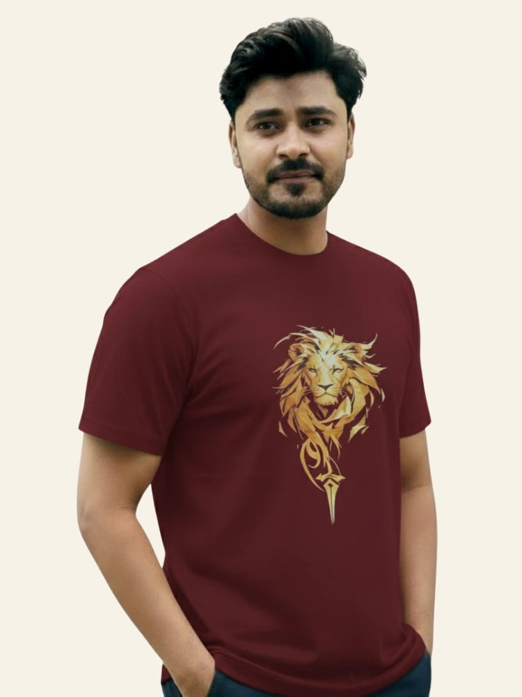 Man wearing a maroon t-shirt with a gold lion design on a beige background Graphic Maroon ‘Lion’ T-Shirt Royal Outfits Printed T Shirts
