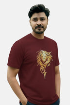 Man wearing a maroon t-shirt with a gold lion design on a beige background Graphic Maroon ‘Lion’ T-Shirt Royal Outfits Printed T Shirts - Graphic Maroon ‘Lion’ T-Shirt - Royal Outfits - Printed T Shirts - Graphic Maroon ‘Lion’ T-Shirt - Royal Outfits