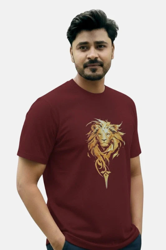 Man wearing a maroon t-shirt with a gold lion design on a beige background Graphic Maroon ‘Lion’ T-Shirt Royal Outfits Printed T Shirts - Graphic Maroon ‘Lion’ T-Shirt - Royal Outfits - Printed T Shirts - Graphic Maroon ‘Lion’ T-Shirt - Royal Outfits