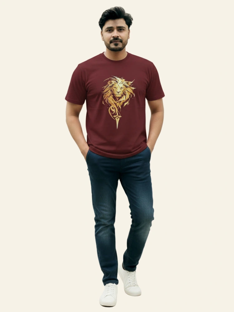 Man wearing a maroon t-shirt with a lion graphic design on a beige background Graphic Maroon ‘Lion’ T-Shirt Royal Outfits Printed T Shirts