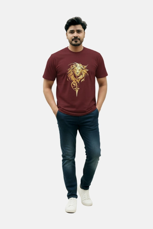 Man wearing a maroon t-shirt with a lion graphic design on a beige background Graphic Maroon ‘Lion’ T-Shirt Royal Outfits Printed T Shirts - Graphic Maroon ‘Lion’ T-Shirt - Royal Outfits - Printed T Shirts - Graphic Maroon ‘Lion’ T-Shirt - Royal Outfits