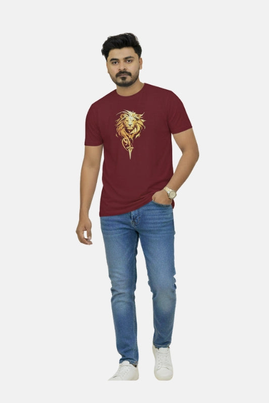Man wearing a maroon t-shirt with a lion graphic and blue jeans on a white background Graphic Maroon ‘Lion’ T-Shirt Royal Outfits Printed T Shirts - Graphic Maroon ‘Lion’ T-Shirt - Royal Outfits - Printed T Shirts - Graphic Maroon ‘Lion’ T-Shirt - Royal Outfits