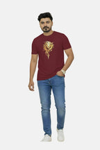 Man wearing a maroon t-shirt with a lion graphic and blue jeans on a white background Graphic Maroon ‘Lion’ T-Shirt Royal Outfits Printed T Shirts - Graphic Maroon ‘Lion’ T-Shirt - Royal Outfits - Printed T Shirts - Graphic Maroon ‘Lion’ T-Shirt - Royal Outfits