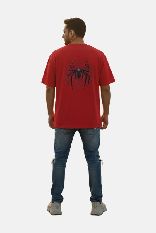 Man wearing a red t-shirt with a spider graphic on the back, standing against a plain background. Graphic Red Drop Shoulder Spider T-Shirt Royal Outfits Drop Shoulder T-Shirts - Graphic Red Drop Shoulder Spider T-Shirt - Royal Outfits - Drop Shoulder T-Shirts - Graphic Red Drop Shoulder Spider T-Shirt - Royal Outfits