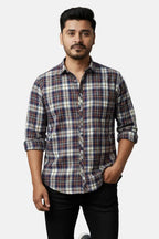 Man wearing a plaid shirt against a plain background - Men’s Casual Slim Fit Plaid Checked Shirt – Navy Blue, White & Maroon Cotton Button-Up - Royal Outfits - Check Shirts
