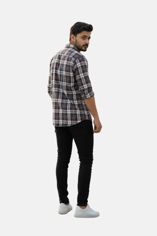 Man wearing a plaid shirt and black pants on a white background - Men’s Casual Slim Fit Plaid Checked Shirt – Navy Blue, White & Maroon Cotton Button-Up - Royal Outfits - Check Shirts