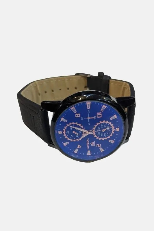 Wristwatch with blue face and black strap on a white background