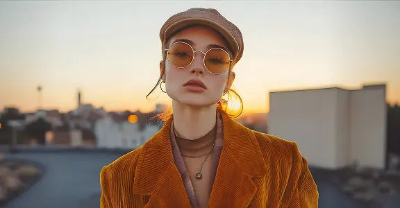 Woman wearing a brown coat and hat with sunglasses against a cityscape at sunset.